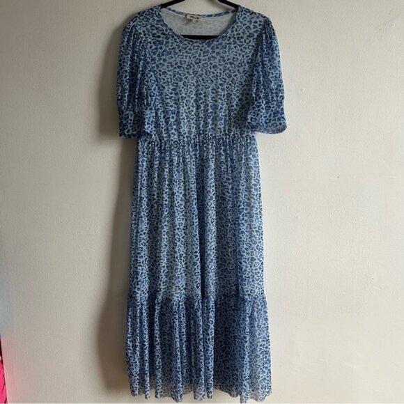 Baum Und Pferdgarten Sz XL Jocelyn Blue Mesh Leopard Print Midi Dress - Picture 2 of 13